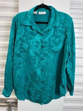 Kathy Che  Teal Jacquard Button Blouse